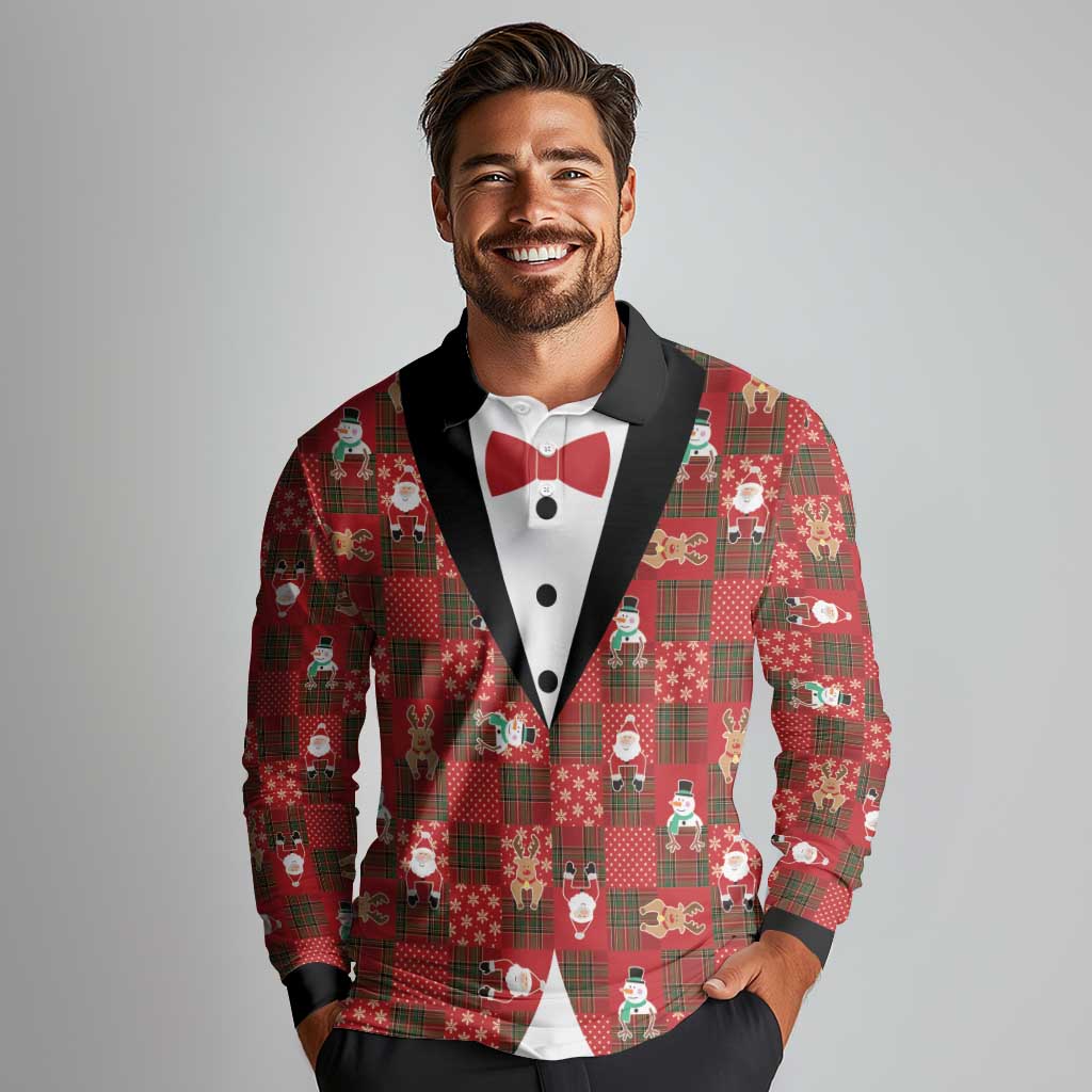 Christmas Patchwork Fake Tuxedo Long Sleeve Polo Shirt Santa and Reindeer Red Plaid Style - Wonder Print Shop