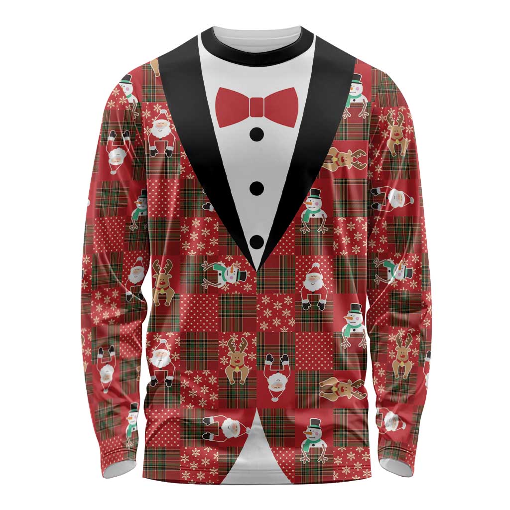 Christmas Patchwork Fake Tuxedo Long Sleeve Shirt Santa and Reindeer Red Plaid Style - Wonder Print Shop