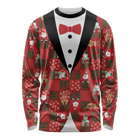 Christmas Patchwork Fake Tuxedo Long Sleeve Shirt Santa and Reindeer Red Plaid Style - Wonder Print Shop