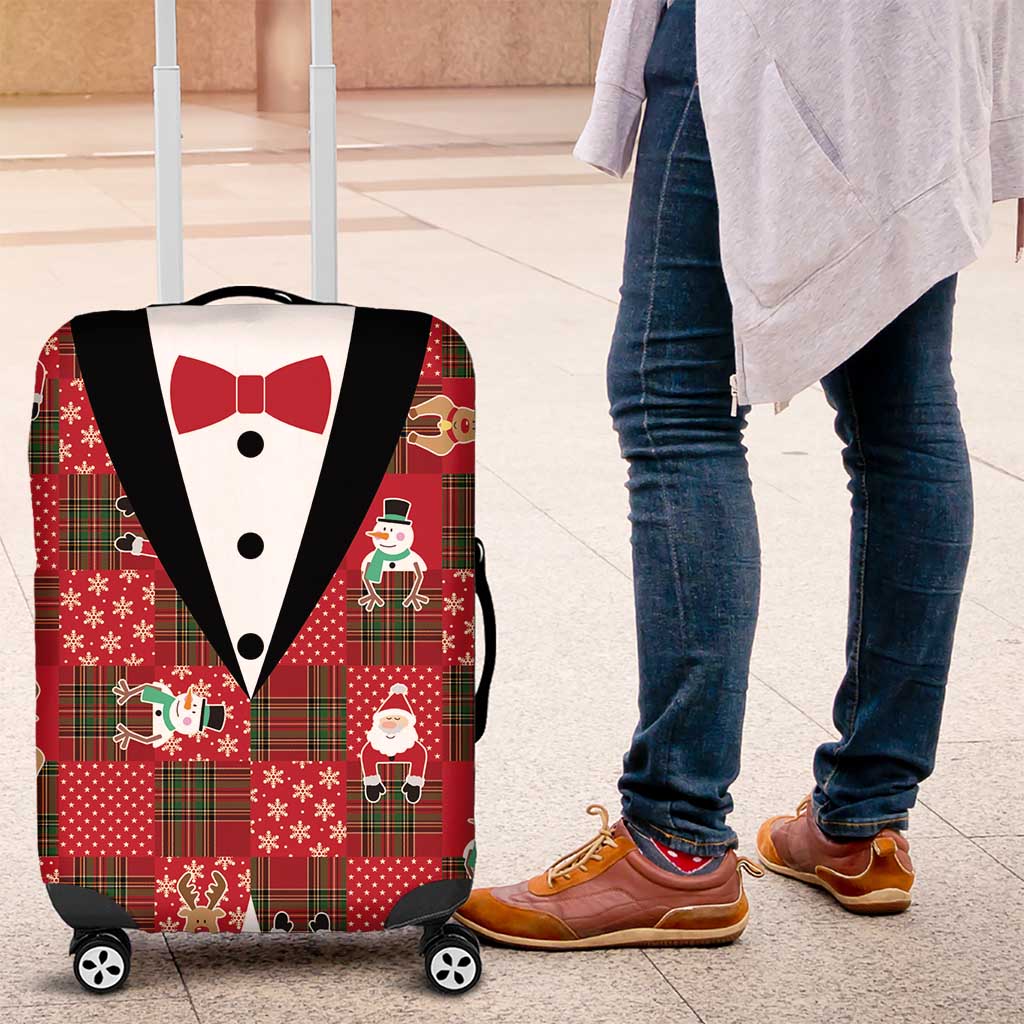 Christmas Patchwork Fake Tuxedo Luggage Cover Santa and Reindeer Red Plaid Style - Wonder Print Shop