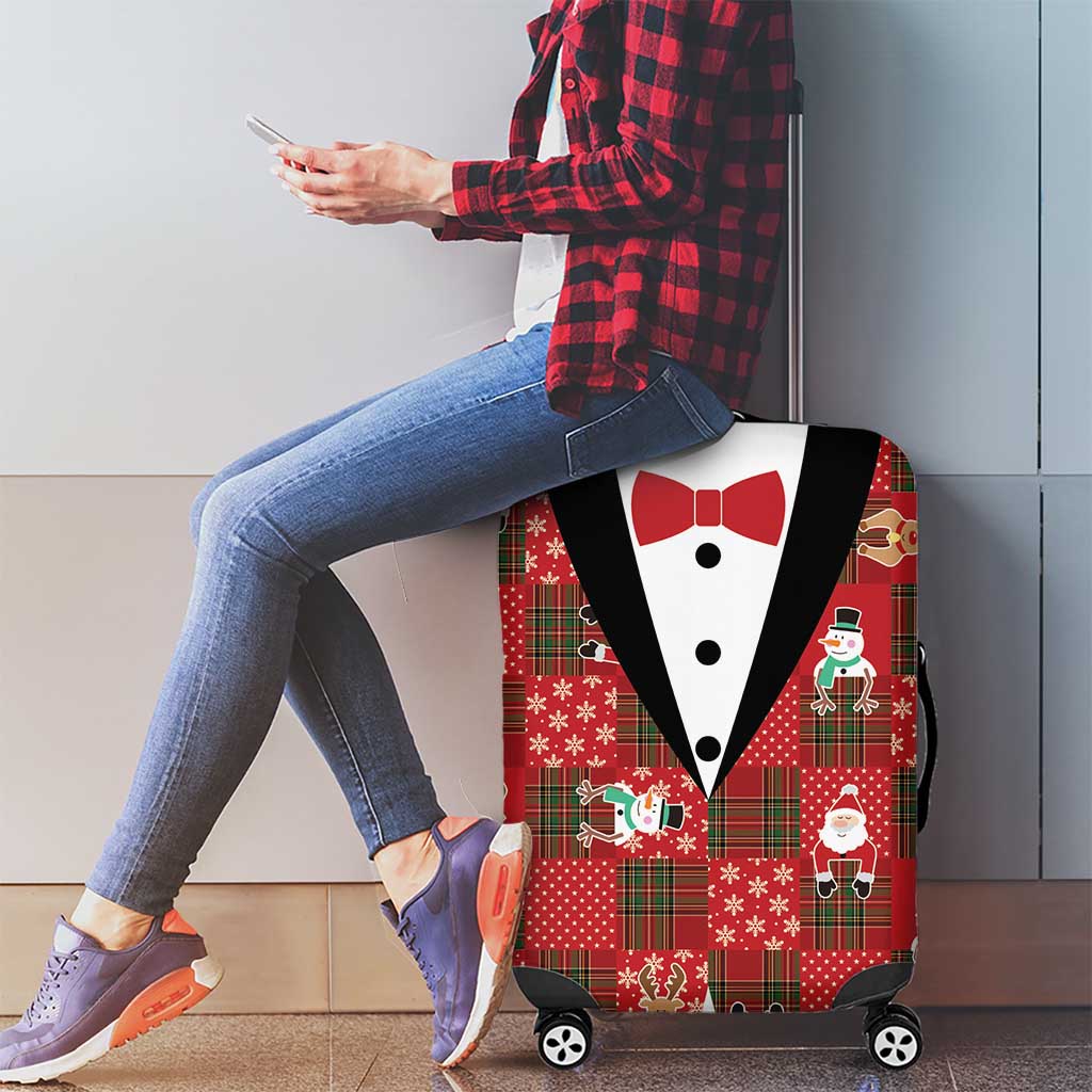 Christmas Patchwork Fake Tuxedo Luggage Cover Santa and Reindeer Red Plaid Style - Wonder Print Shop