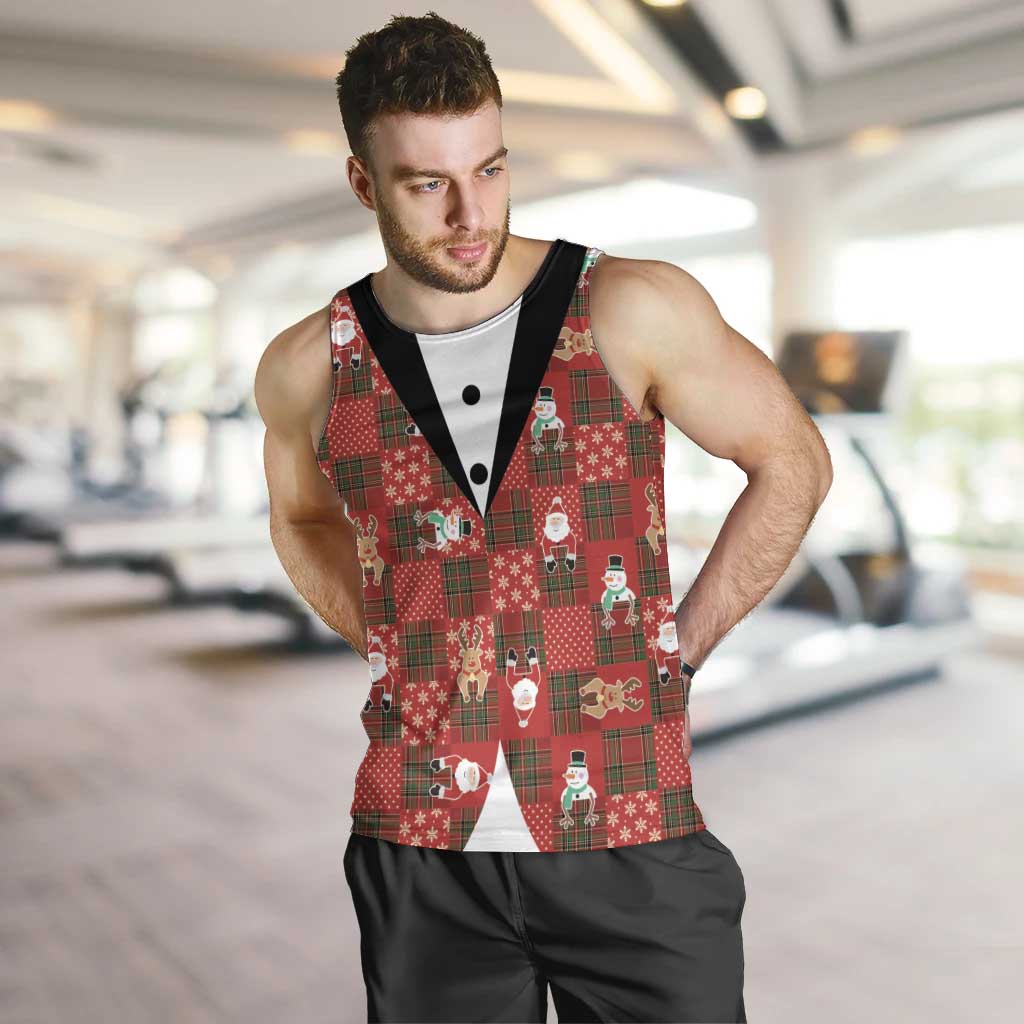 Christmas Patchwork Fake Tuxedo Men Tank Top Santa and Reindeer Red Plaid Style - Wonder Print Shop
