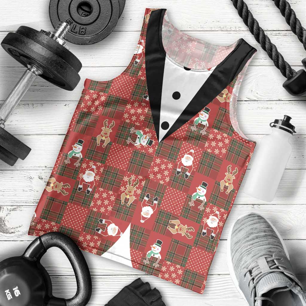 Christmas Patchwork Fake Tuxedo Men Tank Top Santa and Reindeer Red Plaid Style - Wonder Print Shop