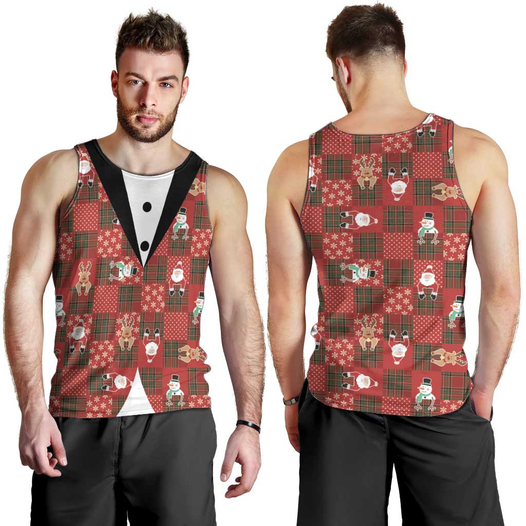 Christmas Patchwork Fake Tuxedo Men Tank Top Santa and Reindeer Red Plaid Style - Wonder Print Shop