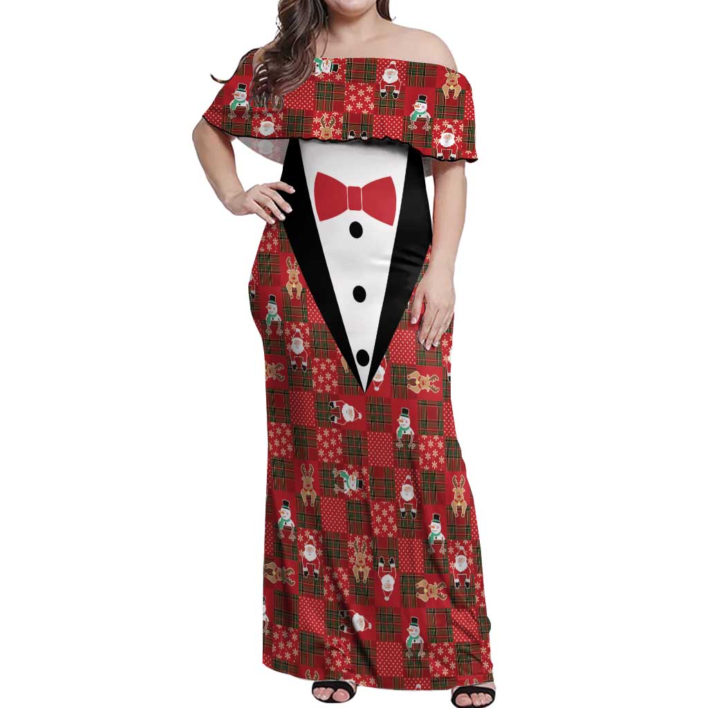 Christmas Patchwork Fake Tuxedo Off Shoulder Maxi Dress Santa and Reindeer Red Plaid Style - Wonder Print Shop