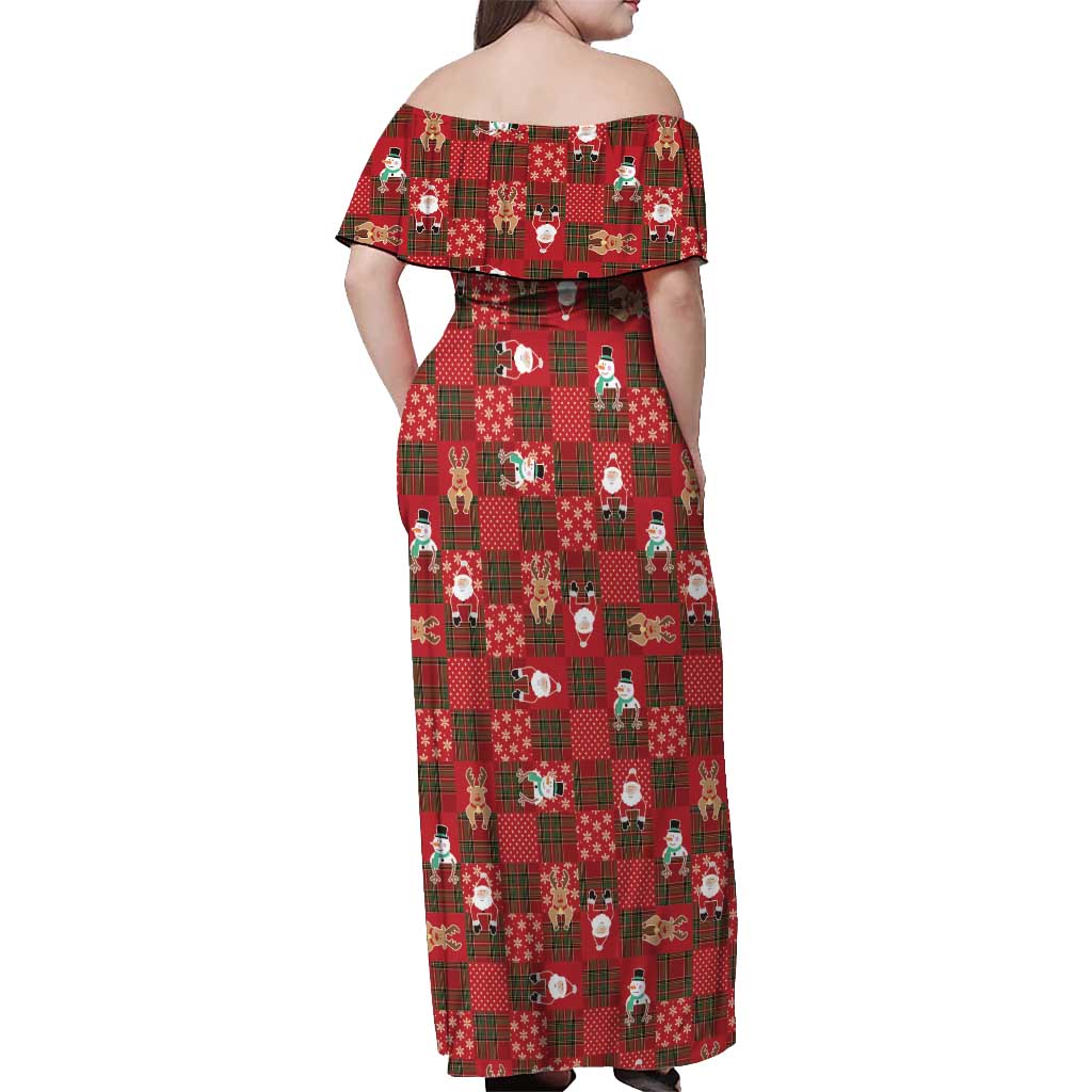 Christmas Patchwork Fake Tuxedo Off Shoulder Maxi Dress Santa and Reindeer Red Plaid Style - Wonder Print Shop