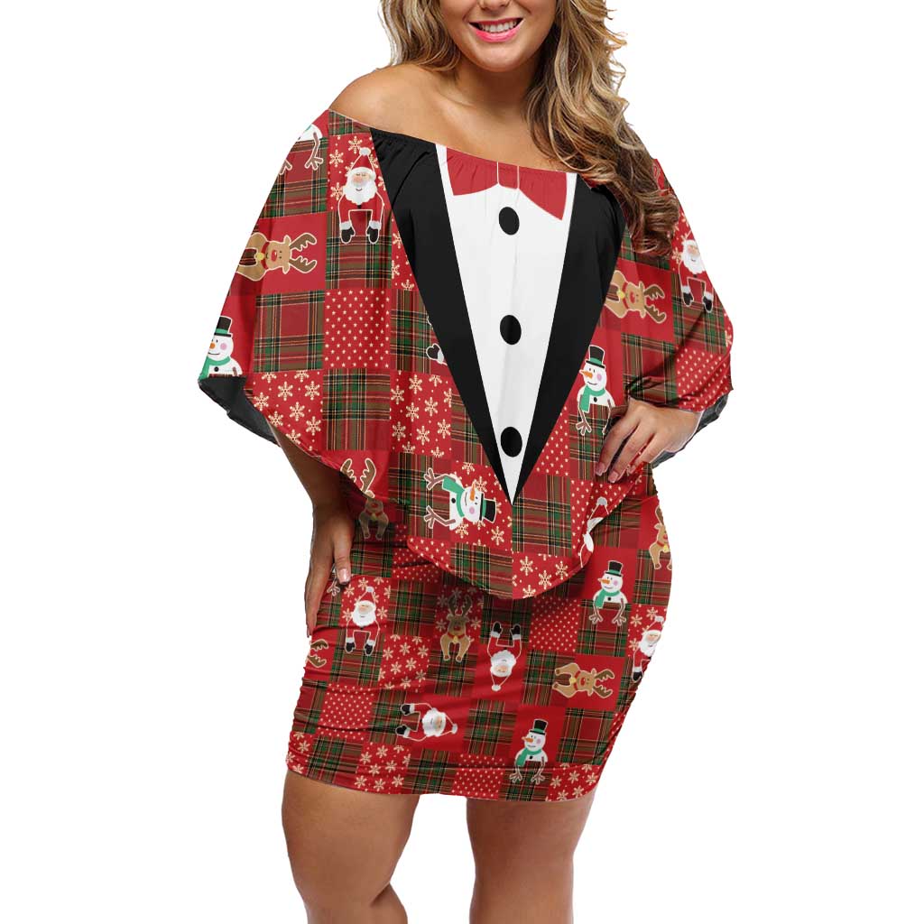 Christmas Patchwork Fake Tuxedo Off Shoulder Short Dress Santa and Reindeer Red Plaid Style - Wonder Print Shop