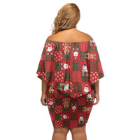 Christmas Patchwork Fake Tuxedo Off Shoulder Short Dress Santa and Reindeer Red Plaid Style - Wonder Print Shop