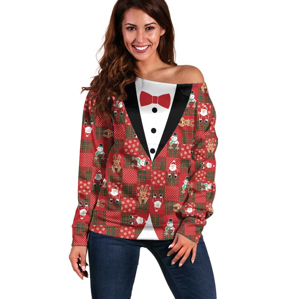 Christmas Patchwork Fake Tuxedo Off Shoulder Sweater Santa and Reindeer Red Plaid Style - Wonder Print Shop