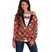 Christmas Patchwork Fake Tuxedo Off Shoulder Sweater Santa and Reindeer Red Plaid Style - Wonder Print Shop