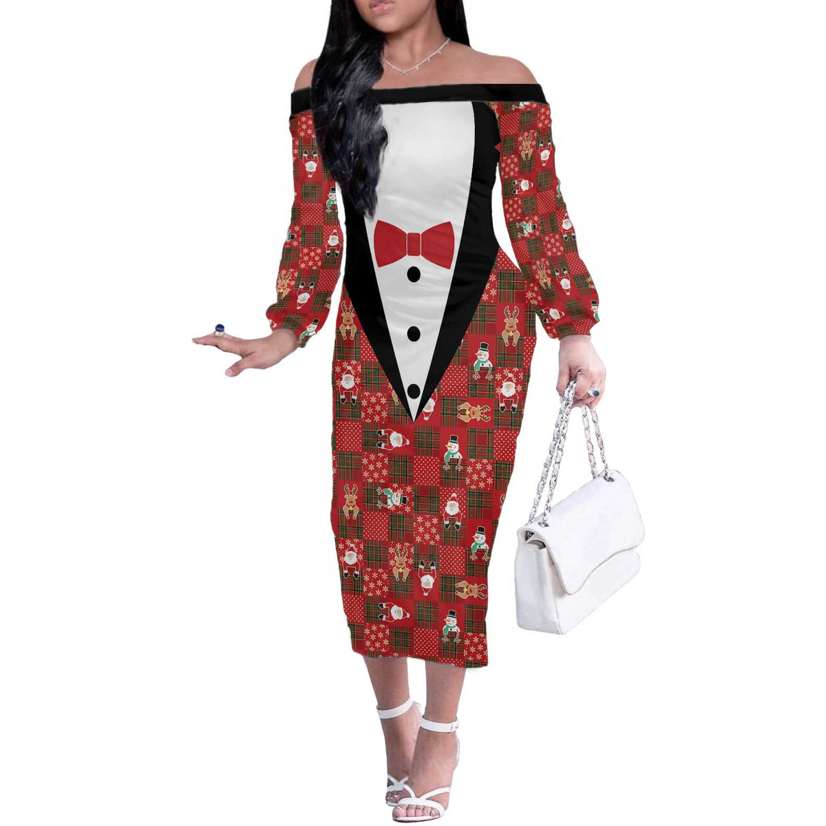 Christmas Patchwork Fake Tuxedo Off The Shoulder Long Sleeve Dress Santa and Reindeer Red Plaid Style - Wonder Print Shop