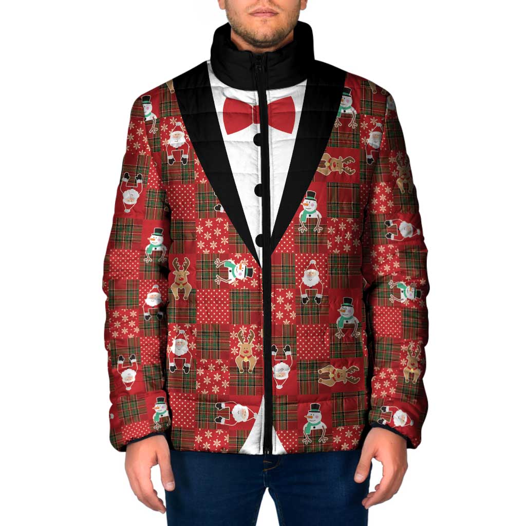 Christmas Patchwork Fake Tuxedo Padded Jacket Santa and Reindeer Red Plaid Style - Wonder Print Shop