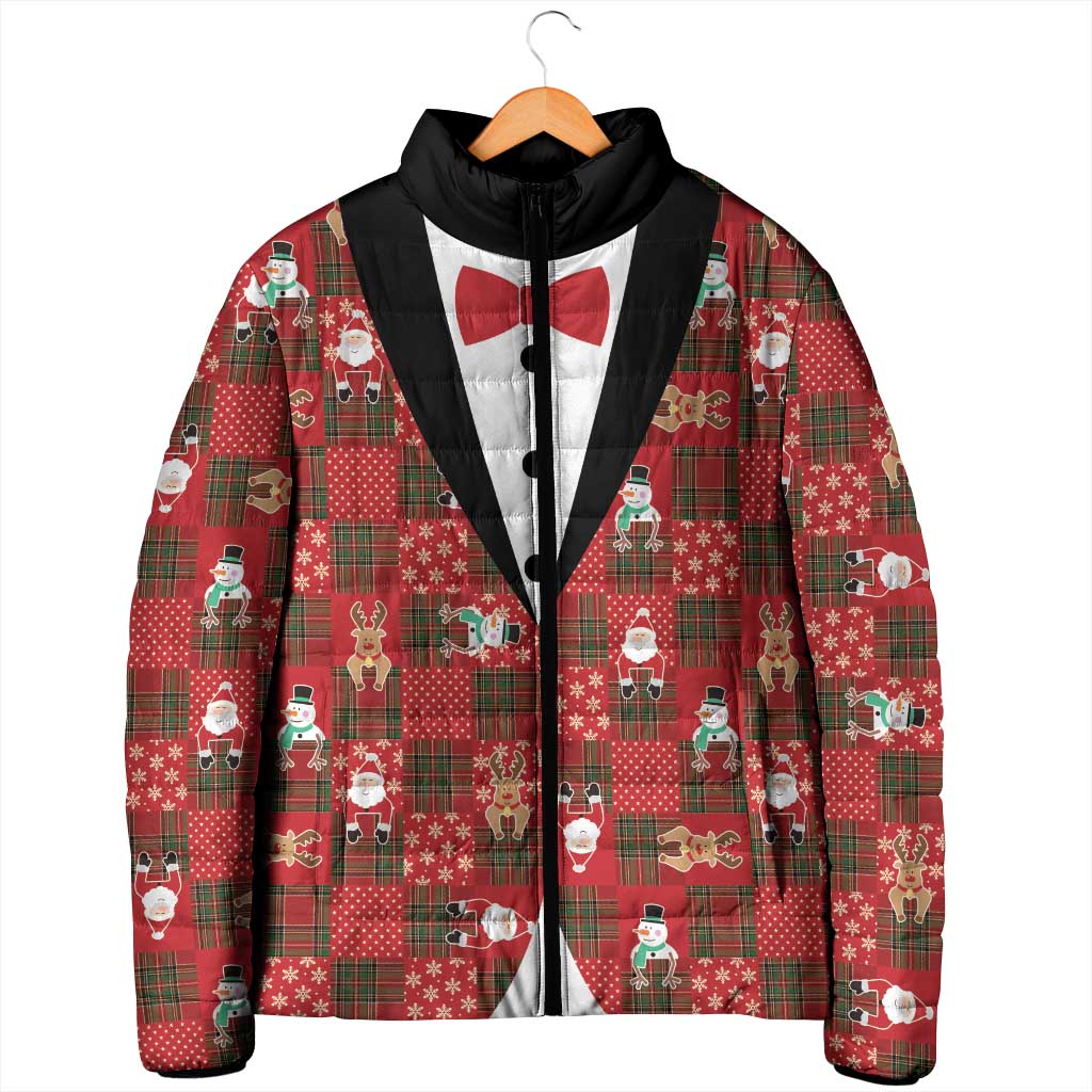 Christmas Patchwork Fake Tuxedo Padded Jacket Santa and Reindeer Red Plaid Style - Wonder Print Shop