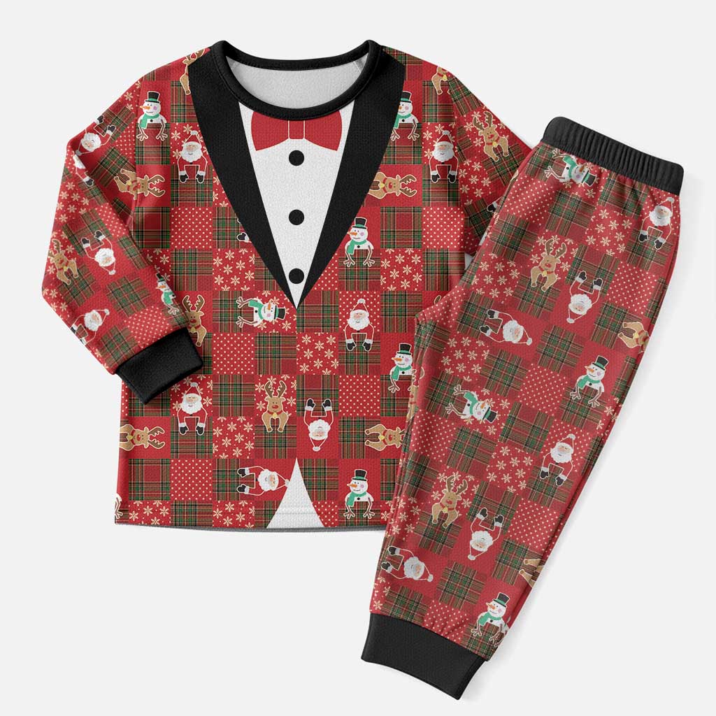 Christmas Patchwork Fake Tuxedo Christmas Pajama Set Santa and Reindeer Red Plaid Style - Wonder Print Shop