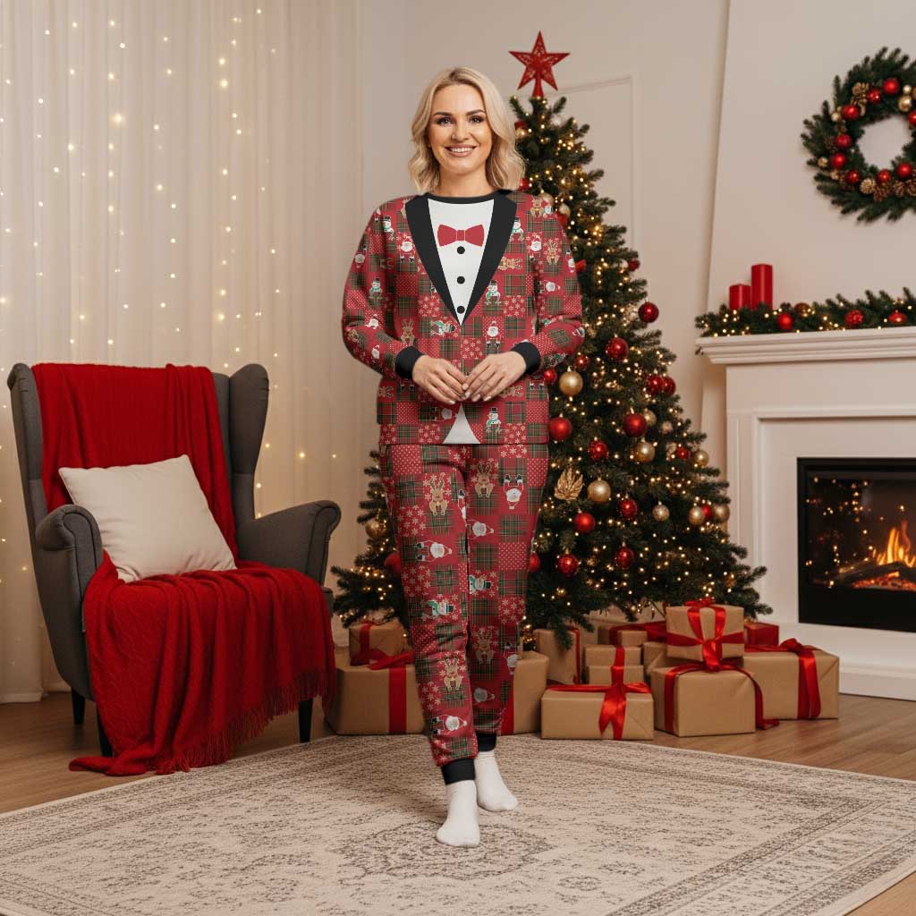 Christmas Patchwork Fake Tuxedo Christmas Pajama Set Santa and Reindeer Red Plaid Style - Wonder Print Shop