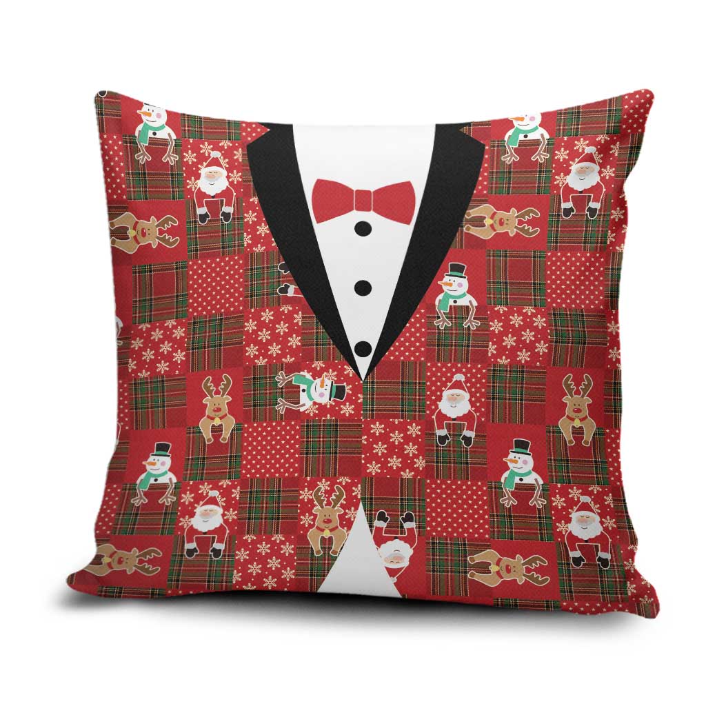 Christmas Patchwork Fake Tuxedo Pillow Cover Santa and Reindeer Red Plaid Style - Wonder Print Shop