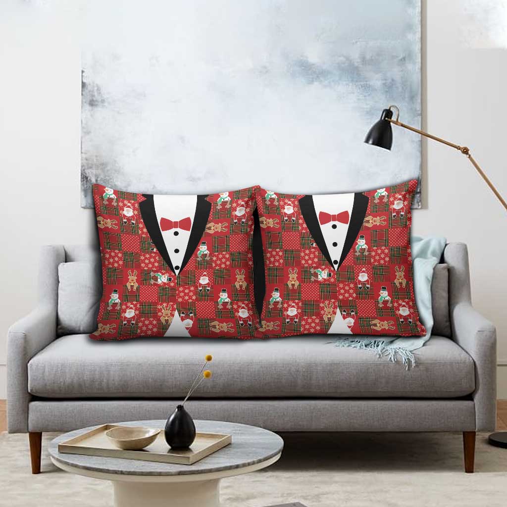 Christmas Patchwork Fake Tuxedo Pillow Cover Santa and Reindeer Red Plaid Style - Wonder Print Shop