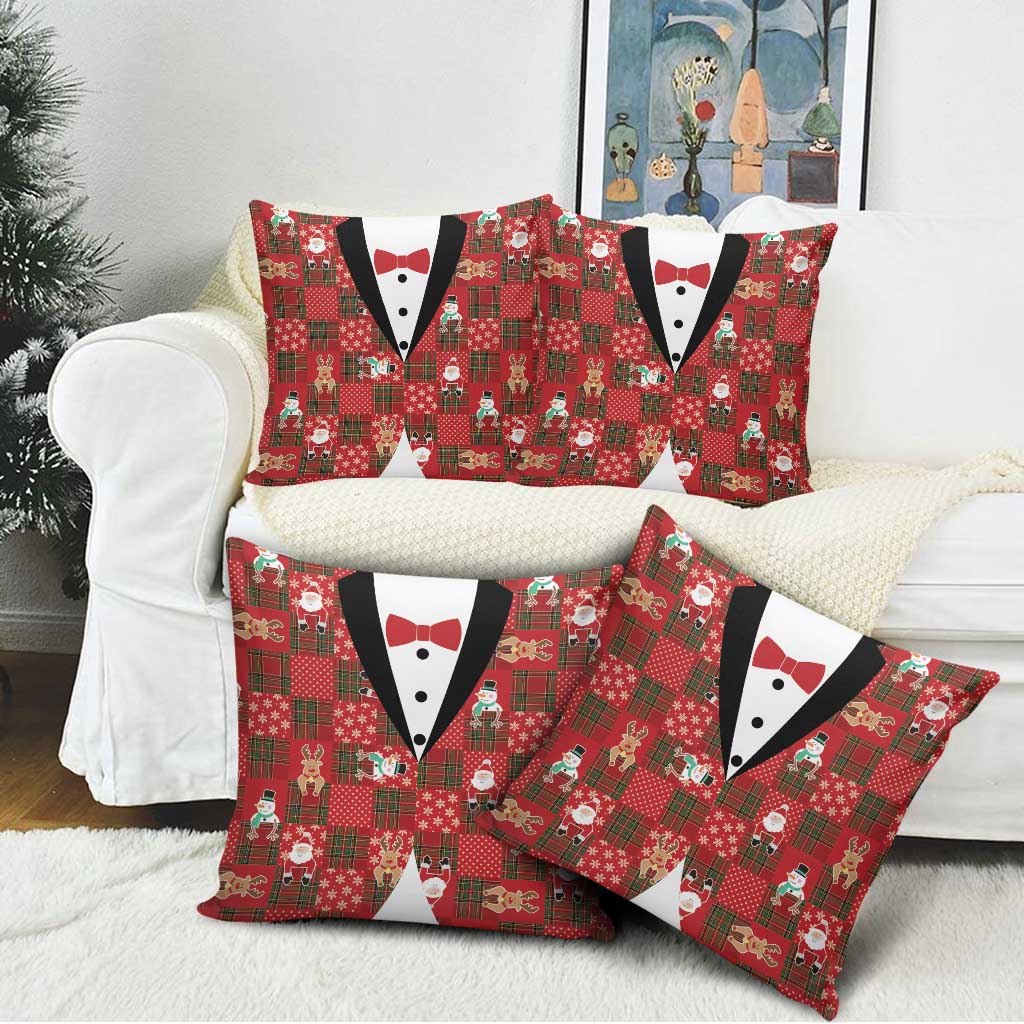 Christmas Patchwork Fake Tuxedo Pillow Cover Santa and Reindeer Red Plaid Style - Wonder Print Shop