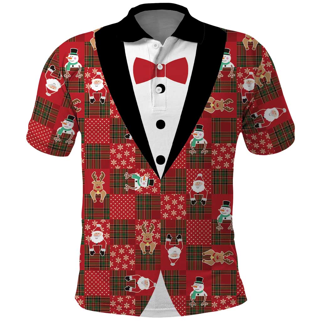 Christmas Patchwork Fake Tuxedo Polo Shirt Santa and Reindeer Red Plaid Style - Wonder Print Shop