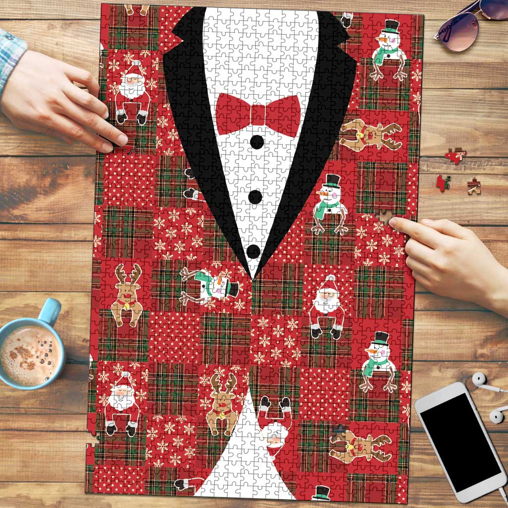 Christmas Patchwork Fake Tuxedo Puzzle Santa and Reindeer Red Plaid Style - Wonder Print Shop