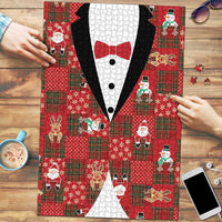 Christmas Patchwork Fake Tuxedo Puzzle Santa and Reindeer Red Plaid Style - Wonder Print Shop