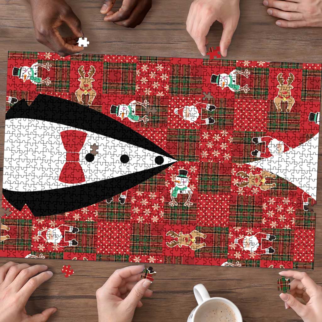 Christmas Patchwork Fake Tuxedo Puzzle Santa and Reindeer Red Plaid Style - Wonder Print Shop