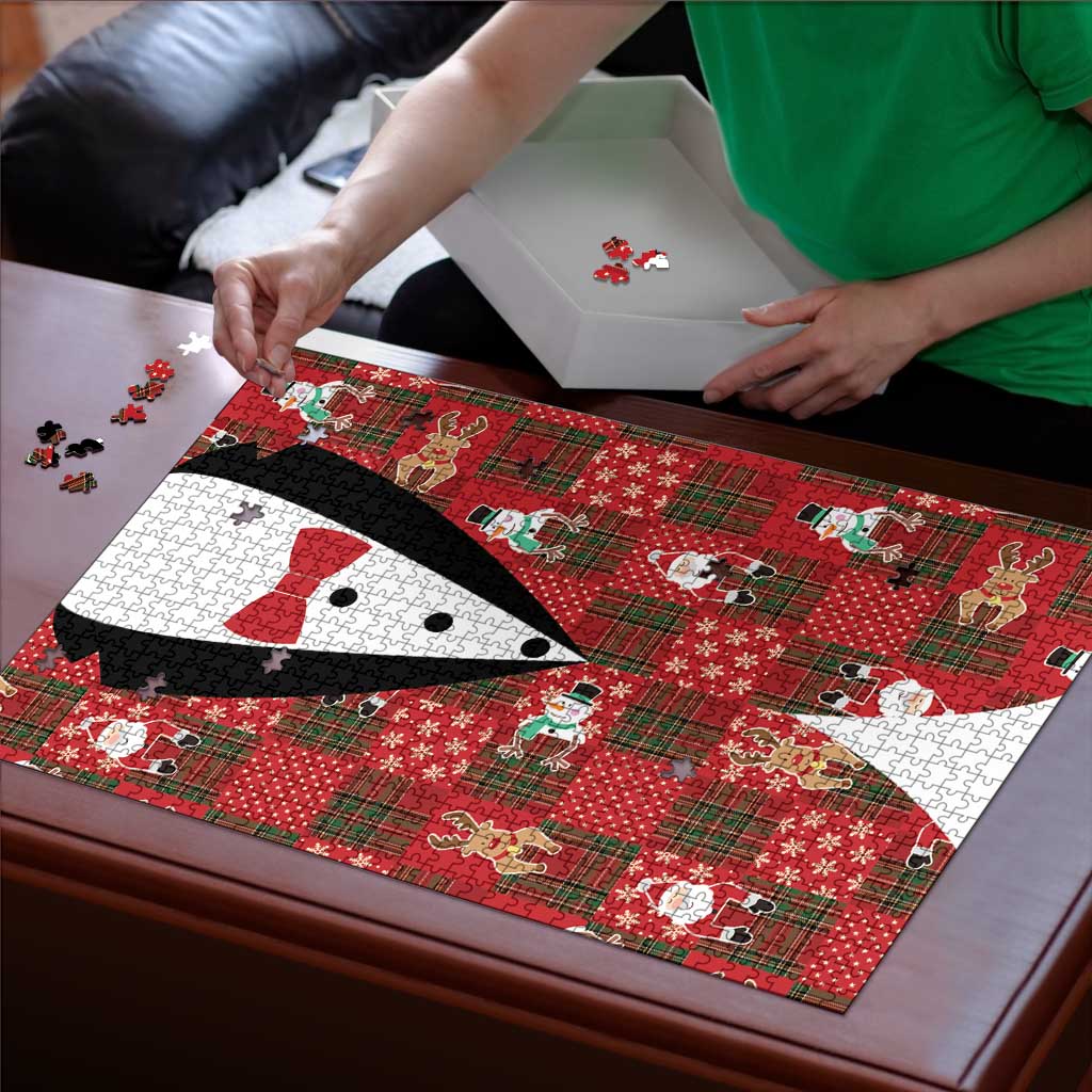 Christmas Patchwork Fake Tuxedo Puzzle Santa and Reindeer Red Plaid Style - Wonder Print Shop