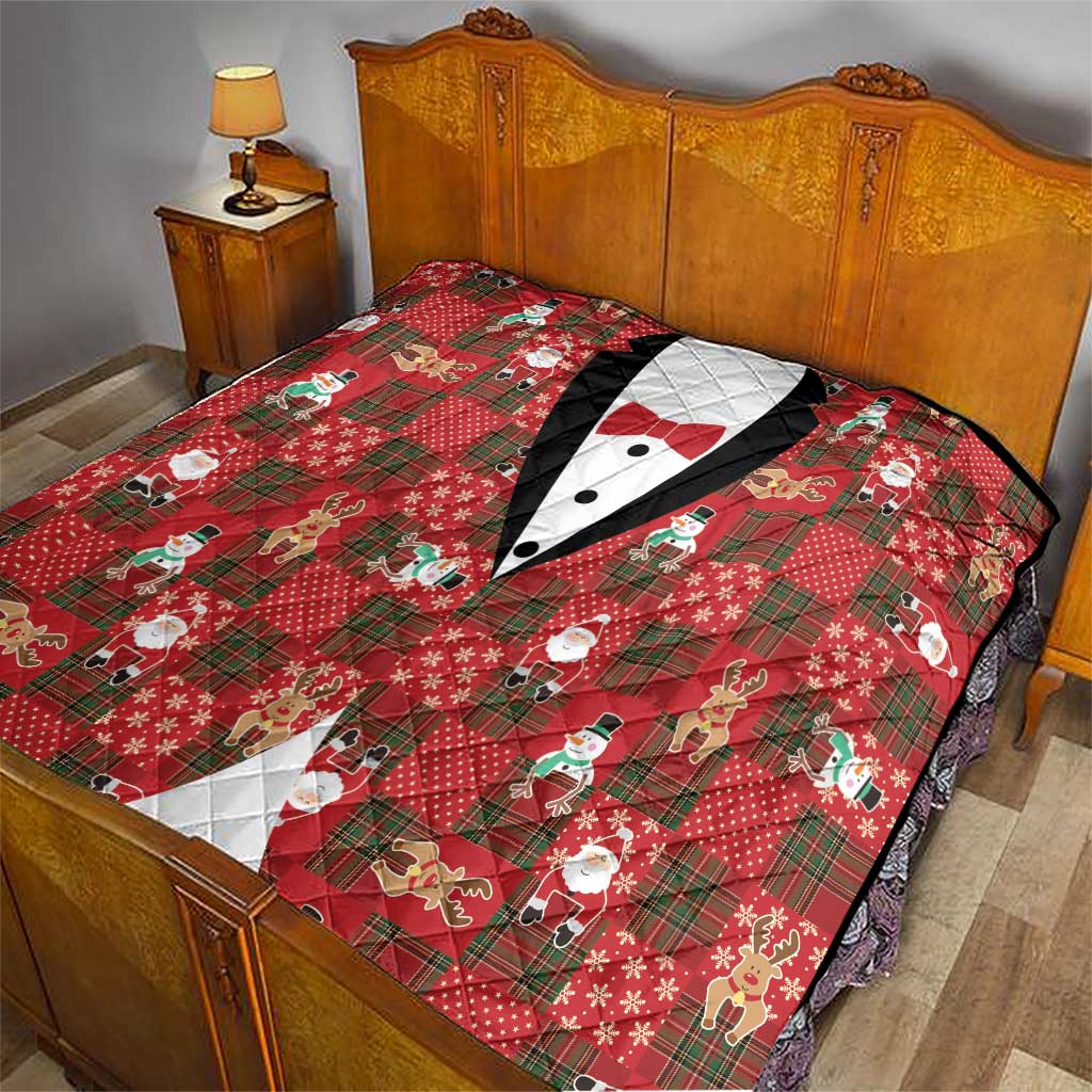 Christmas Patchwork Fake Tuxedo Quilt Santa and Reindeer Red Plaid Style - Wonder Print Shop