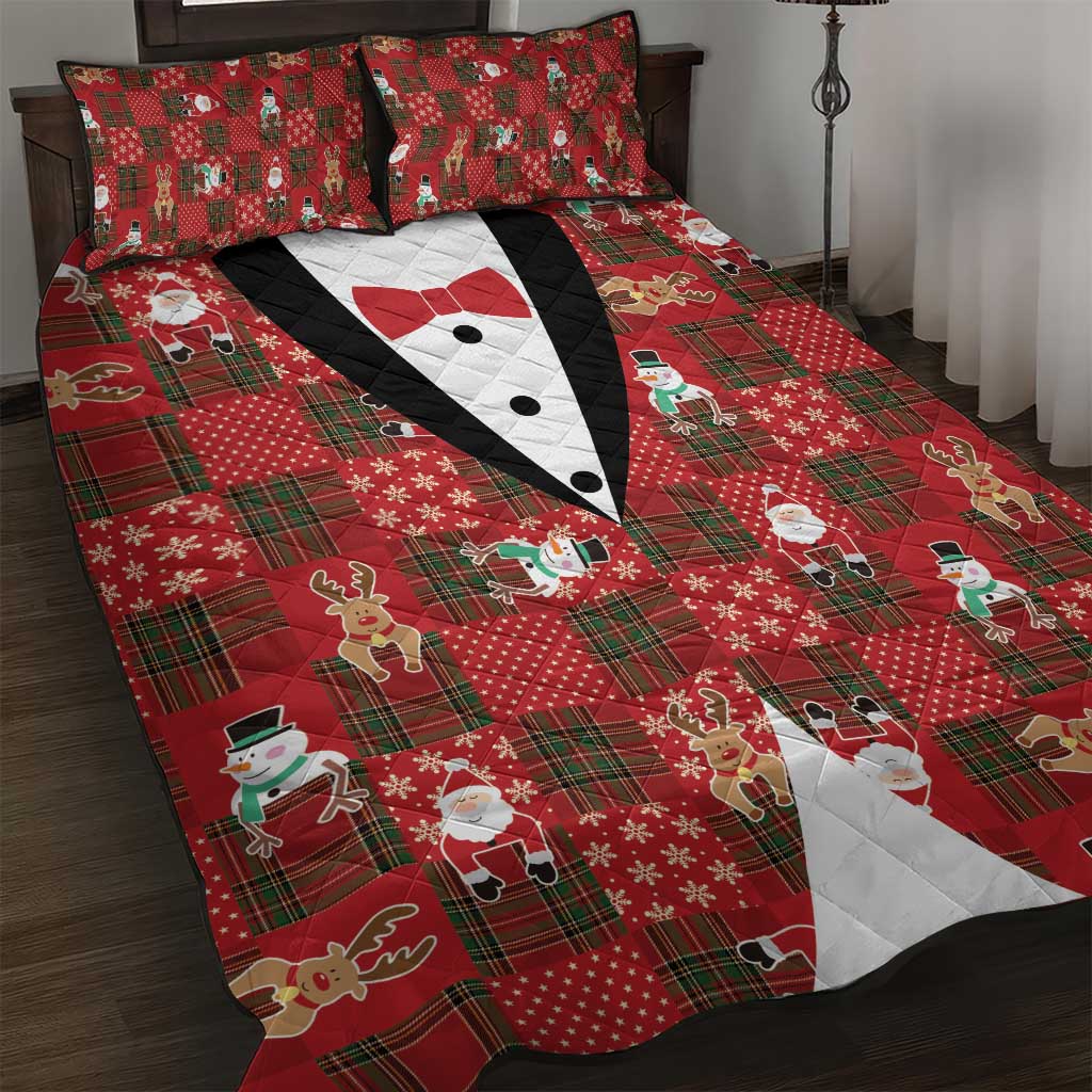 Christmas Patchwork Fake Tuxedo Quilt Bed Set Santa and Reindeer Red Plaid Style - Wonder Print Shop