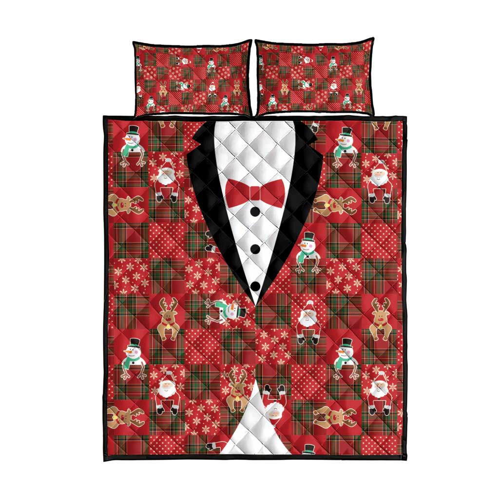 Christmas Patchwork Fake Tuxedo Quilt Bed Set Santa and Reindeer Red Plaid Style - Wonder Print Shop