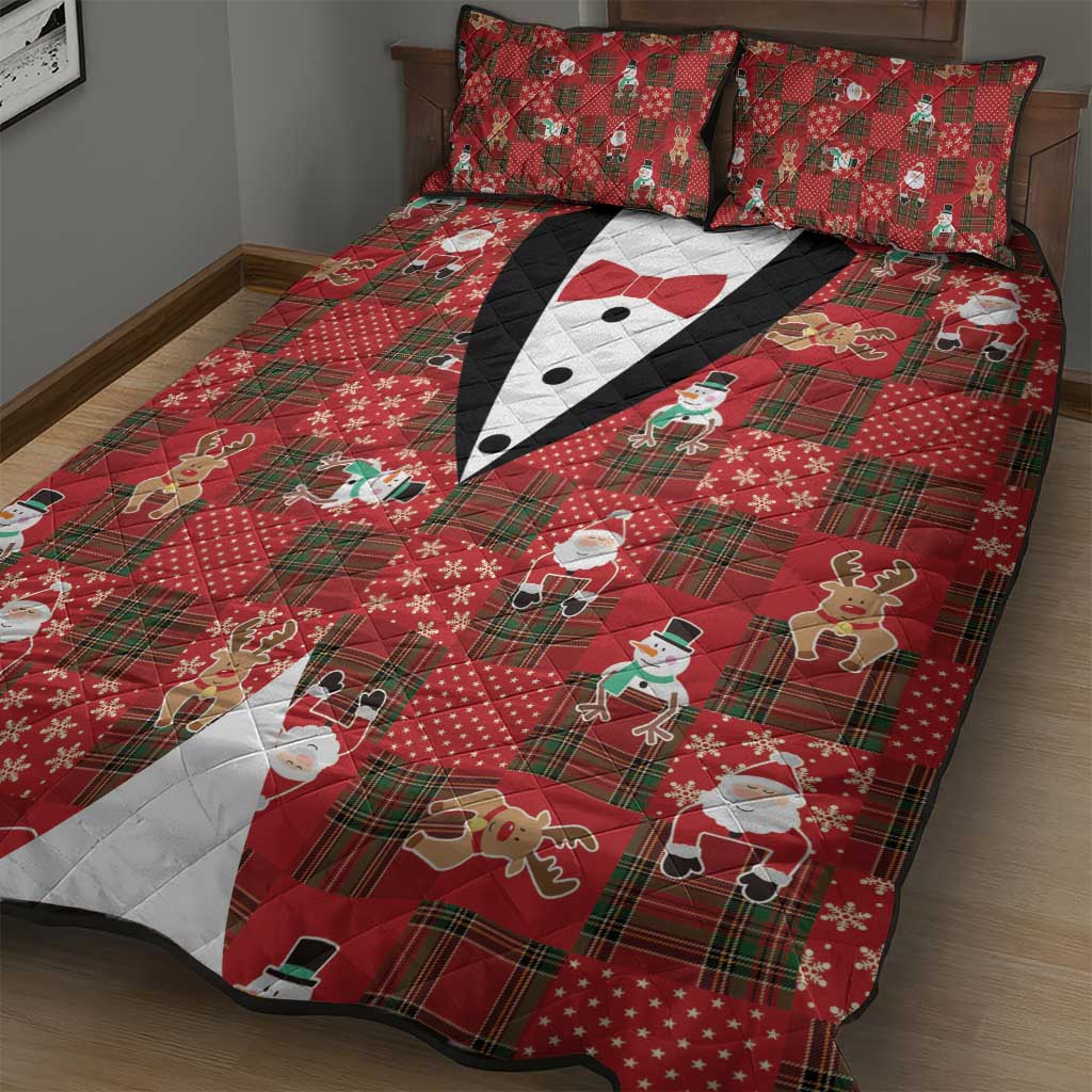 Christmas Patchwork Fake Tuxedo Quilt Bed Set Santa and Reindeer Red Plaid Style - Wonder Print Shop
