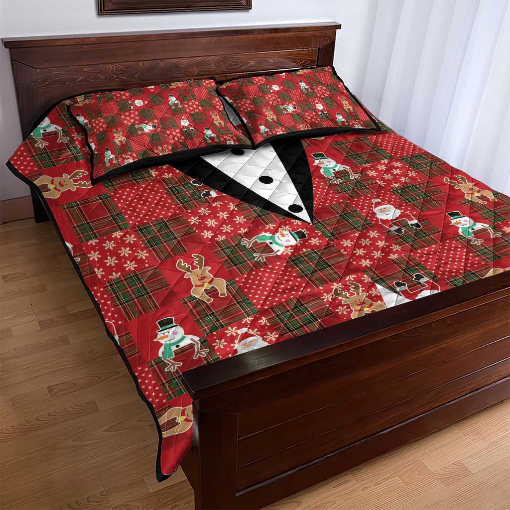Christmas Patchwork Fake Tuxedo Quilt Bed Set Santa and Reindeer Red Plaid Style - Wonder Print Shop