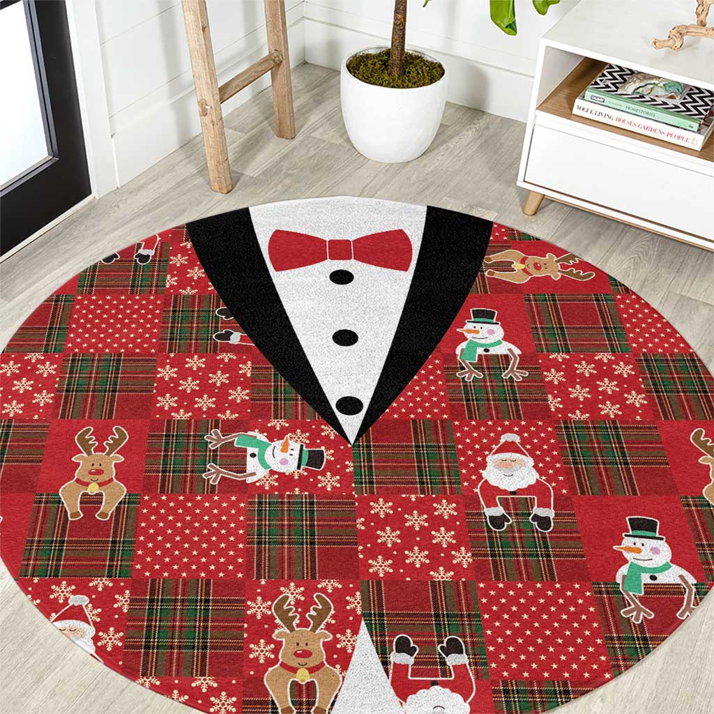 Christmas Patchwork Fake Tuxedo Round Carpet Santa and Reindeer Red Plaid Style - Wonder Print Shop