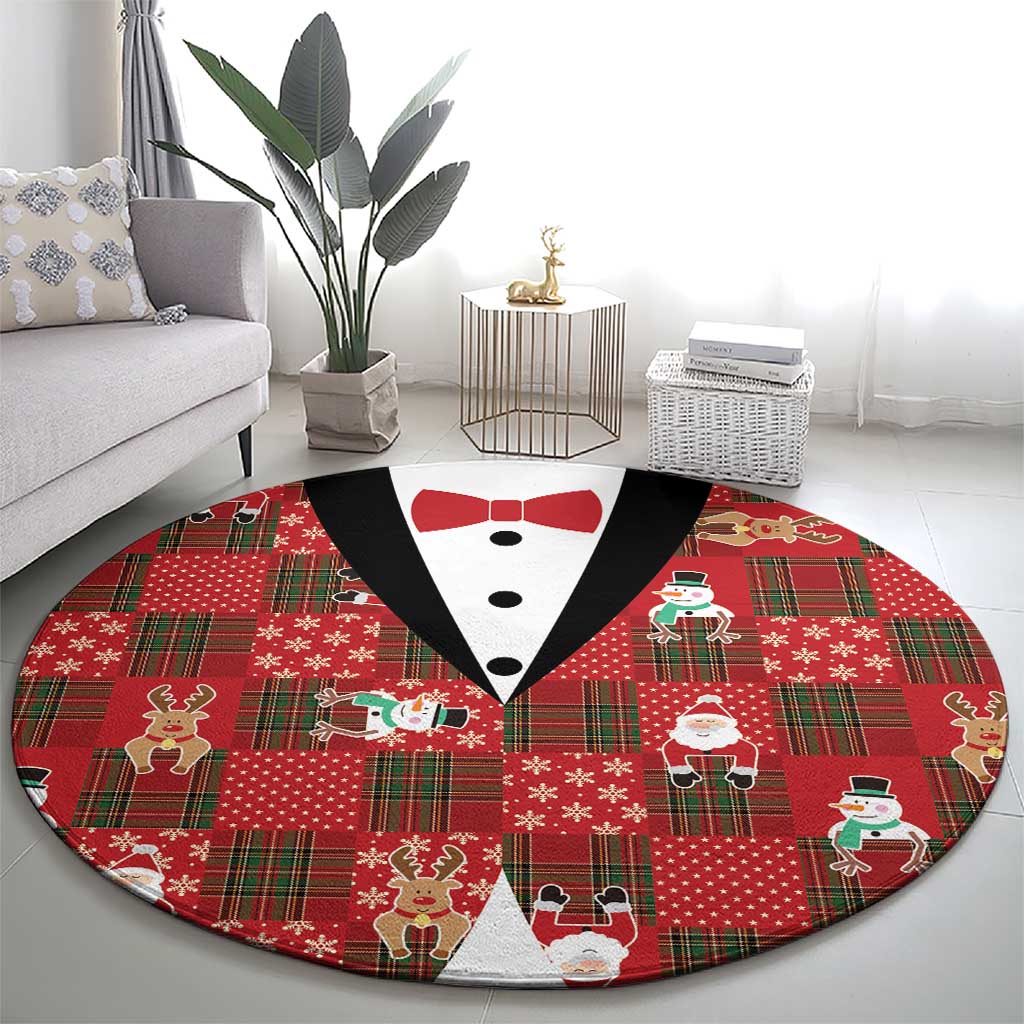 Christmas Patchwork Fake Tuxedo Round Carpet Santa and Reindeer Red Plaid Style - Wonder Print Shop