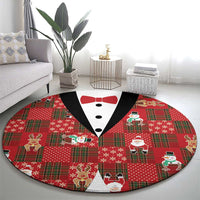 Christmas Patchwork Fake Tuxedo Round Carpet Santa and Reindeer Red Plaid Style - Wonder Print Shop