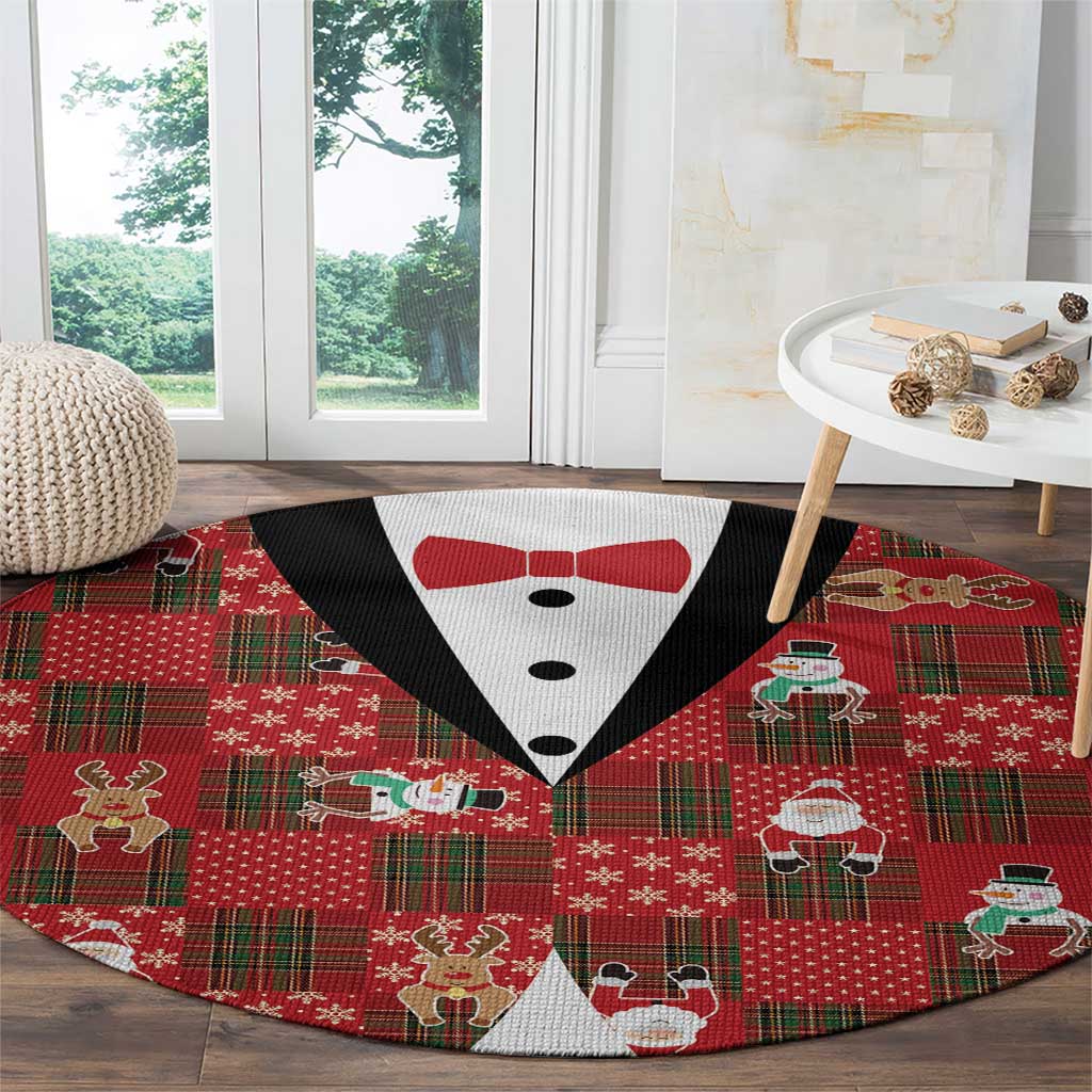 Christmas Patchwork Fake Tuxedo Round Carpet Santa and Reindeer Red Plaid Style - Wonder Print Shop