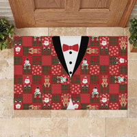 Christmas Patchwork Fake Tuxedo Rubber Doormat Santa and Reindeer Red Plaid Style - Wonder Print Shop