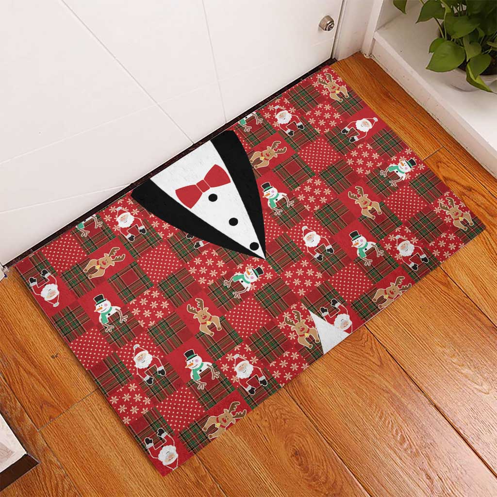 Christmas Patchwork Fake Tuxedo Rubber Doormat Santa and Reindeer Red Plaid Style - Wonder Print Shop