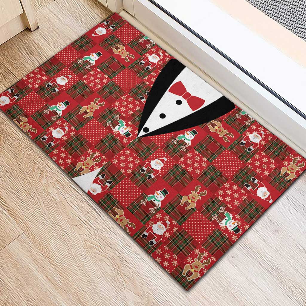 Christmas Patchwork Fake Tuxedo Rubber Doormat Santa and Reindeer Red Plaid Style - Wonder Print Shop