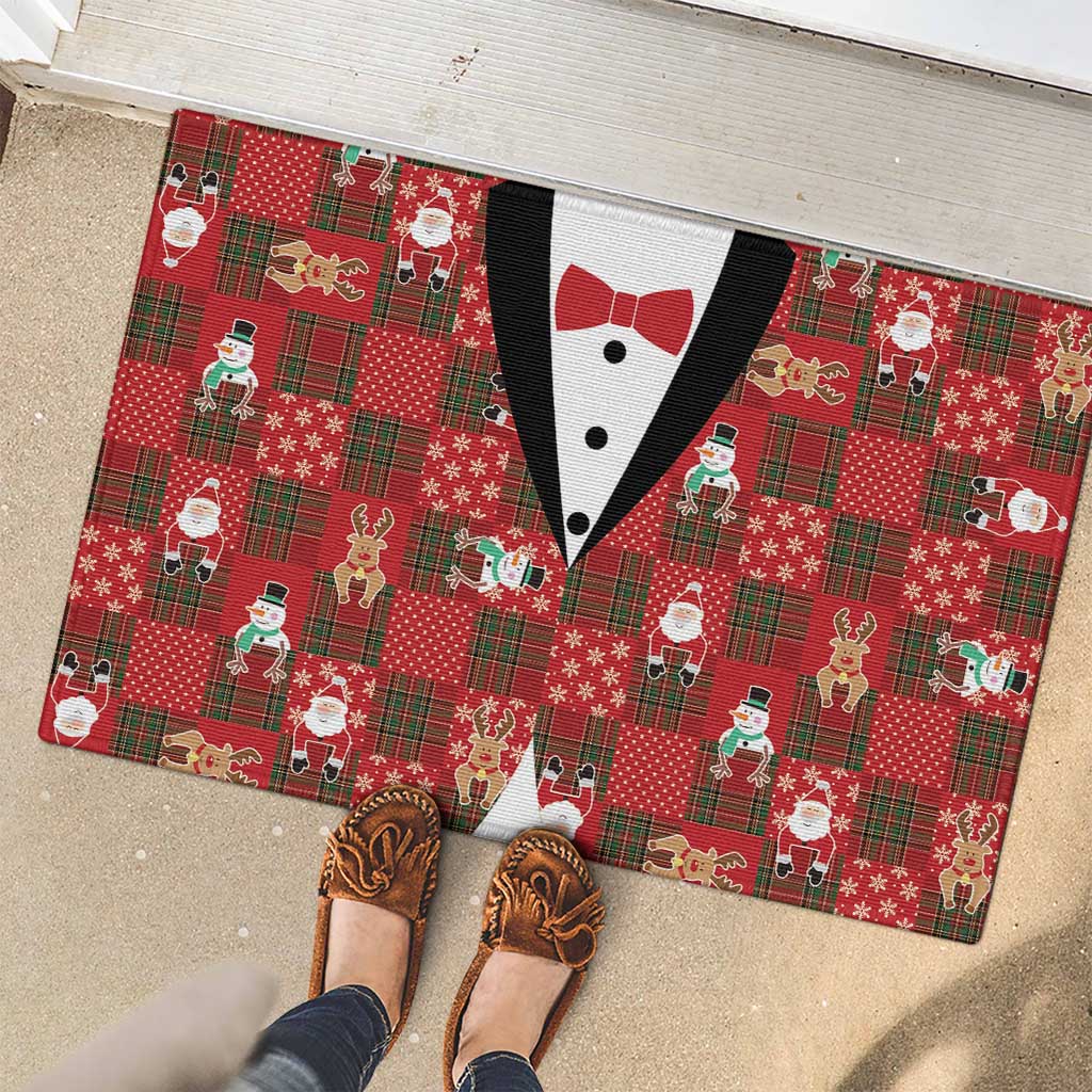 Christmas Patchwork Fake Tuxedo Rubber Doormat Santa and Reindeer Red Plaid Style - Wonder Print Shop