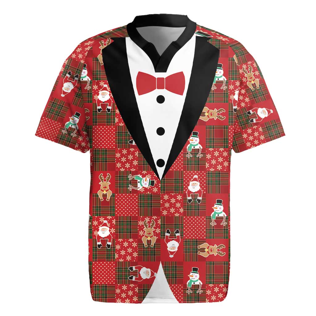 Christmas Patchwork Fake Tuxedo Rugby Jersey Santa and Reindeer Red Plaid Style - Wonder Print Shop