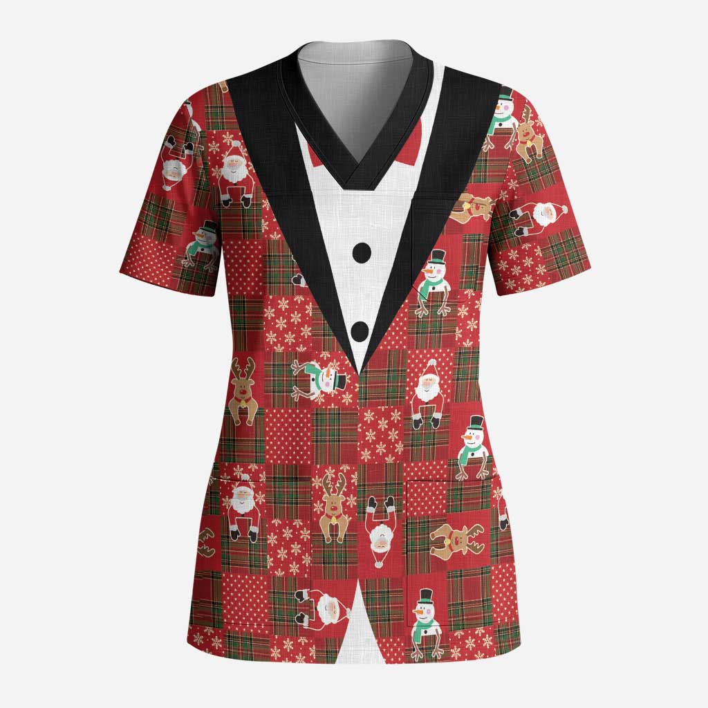 Christmas Patchwork Fake Tuxedo Scrub Top Santa and Reindeer Red Plaid Style - Wonder Print Shop