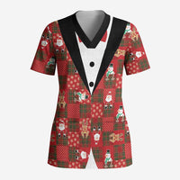Christmas Patchwork Fake Tuxedo Scrub Top Santa and Reindeer Red Plaid Style - Wonder Print Shop