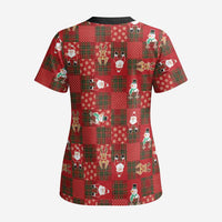 Christmas Patchwork Fake Tuxedo Scrub Top Santa and Reindeer Red Plaid Style - Wonder Print Shop