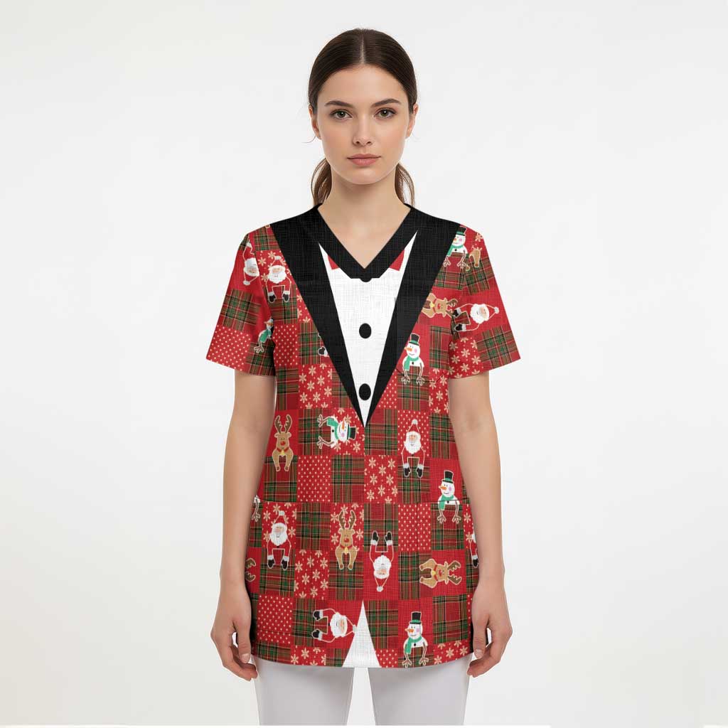 Christmas Patchwork Fake Tuxedo Scrub Top Santa and Reindeer Red Plaid Style - Wonder Print Shop