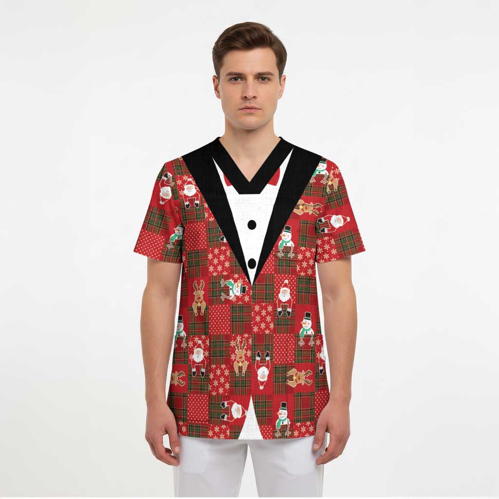 Christmas Patchwork Fake Tuxedo Scrub Top Santa and Reindeer Red Plaid Style - Wonder Print Shop