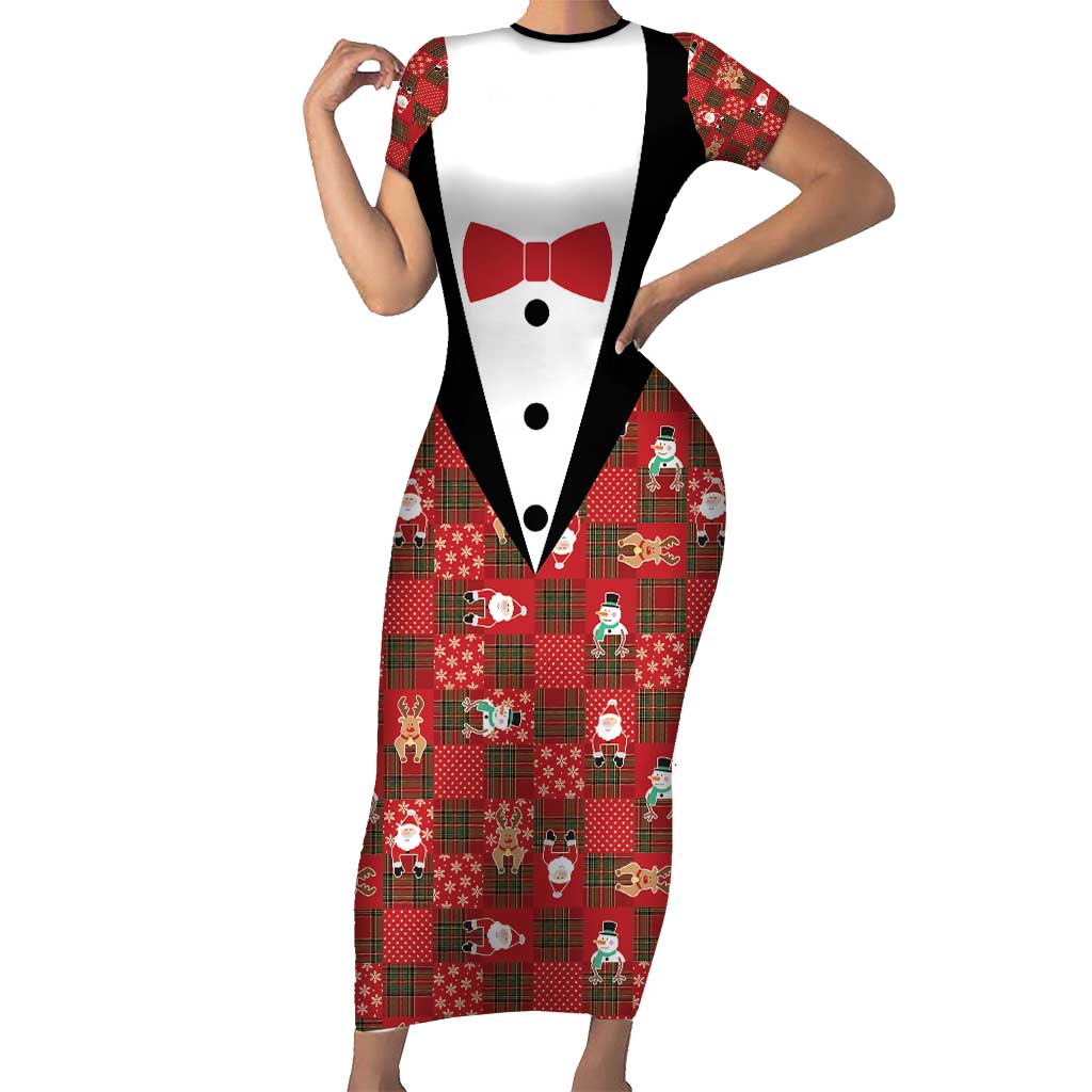 Christmas Patchwork Fake Tuxedo Short Sleeve Bodycon Dress Santa and Reindeer Red Plaid Style - Wonder Print Shop
