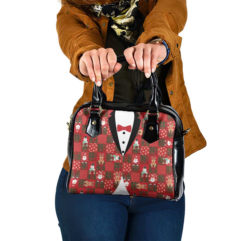 Christmas Patchwork Fake Tuxedo Shoulder Handbag Santa and Reindeer Red Plaid Style - Wonder Print Shop
