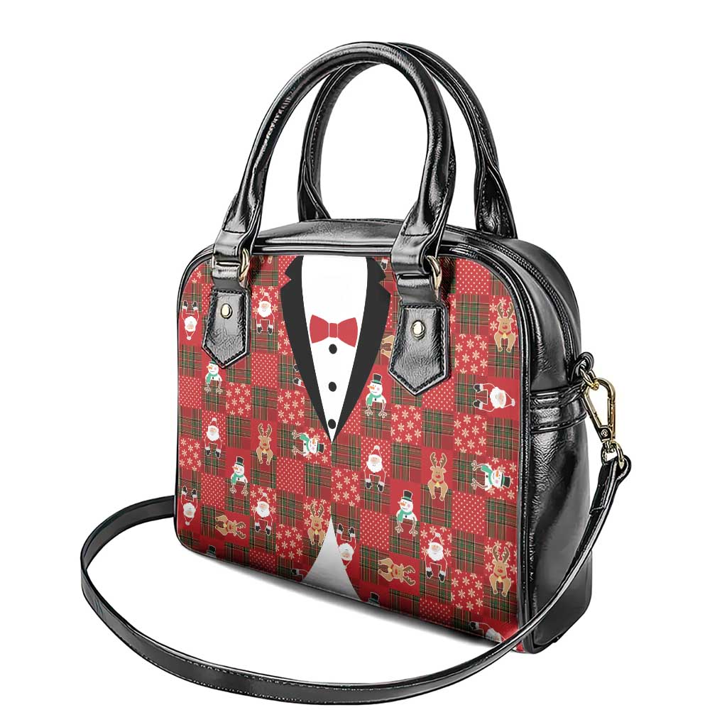 Christmas Patchwork Fake Tuxedo Shoulder Handbag Santa and Reindeer Red Plaid Style - Wonder Print Shop