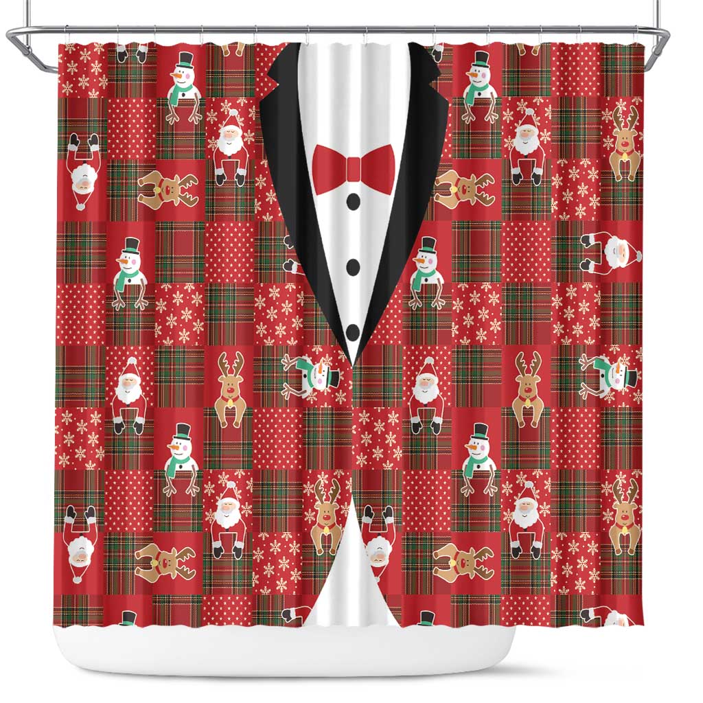 Christmas Patchwork Fake Tuxedo Shower Curtain Santa and Reindeer Red Plaid Style - Wonder Print Shop